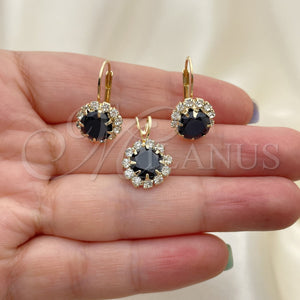 Juego de Arete y Dije de Adulto 5.057.009 Oro Laminado, Diseño de Flor, con Negro and Blanca Zirconia Cubica, Pulido, Tono Dorado