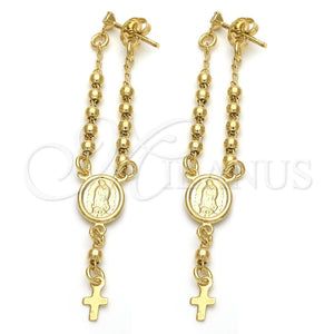 Arete Largo 5.219.012 Oro Laminado, Diseño de Cruz, con Blanca Zirconia Cubica, Pulido, Tono Dorado