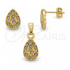 Juego de Arete y Dije de Adulto 10.164.0016.1 Oro Laminado, Diseño de Gota, con Multicolor Cristal, Pulido, Tono Dorado
