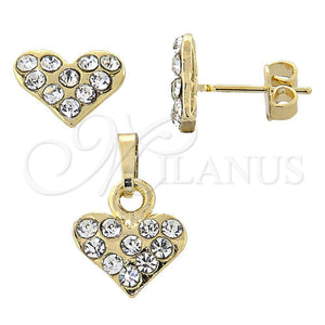 Juego de Arete y Dije de Adulto 10.164.0019 Oro Laminado, Diseño de Corazón, con Blanca Cristal, Pulido, Tono Dorado