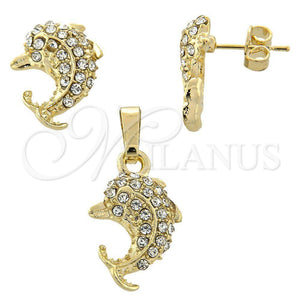 Juego de Arete y Dije de Adulto 10.164.0005 Oro Laminado, Diseño de Delfín, con Blanca Cristal, Pulido, Tono Dorado