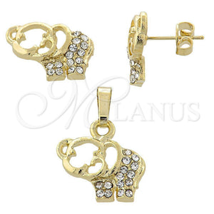 Juego de Arete y Dije de Adulto 10.164.0008 Oro Laminado, Diseño de Elefante, con Blanca Cristal, Pulido, Tono Dorado