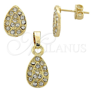 Juego de Arete y Dije de Adulto 10.164.0016 Oro Laminado, Diseño de Gota, con Blanca Cristal, Pulido, Tono Dorado