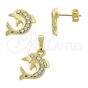 Juego de Arete y Dije de Adulto 10.164.0010 Oro Laminado, Diseño de Delfín, con Blanca Cristal, Pulido, Tono Dorado