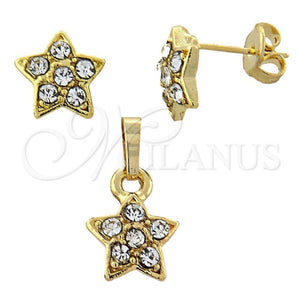 Juego de Arete y Dije de Adulto 10.164.0018 Oro Laminado, Diseño de Estrella, con Blanca Cristal, Pulido, Tono Dorado