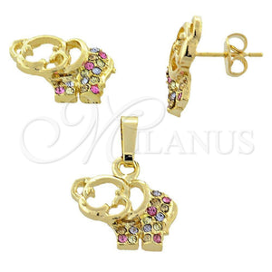 Juego de Arete y Dije de Adulto 10.164.0008.1 Oro Laminado, Diseño de Elefante, con Multicolor Cristal, Pulido, Tono Dorado