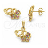 Juego de Arete y Dije de Adulto 10.164.0008.1 Oro Laminado, Diseño de Elefante, con Multicolor Cristal, Pulido, Tono Dorado