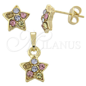 Juego de Arete y Dije de Adulto 10.164.0018.1 Oro Laminado, Diseño de Estrella, con Multicolor Cristal, Pulido, Tono Dorado