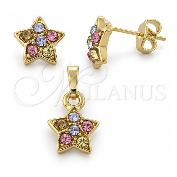 Juego de Arete y Dije de Adulto 10.164.0018.1 Oro Laminado, Diseño de Estrella, con Multicolor Cristal, Pulido, Tono Dorado