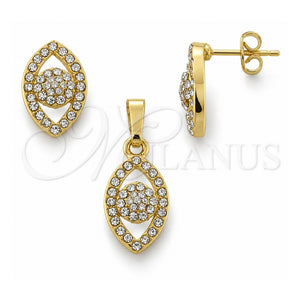 Juego de Arete y Dije de Adulto 10.164.0012 Oro Laminado, Diseño de Gota, con Blanca Cristal, Pulido, Tono Dorado