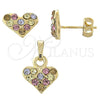 Juego de Arete y Dije de Adulto 10.164.0019.1 Oro Laminado, Diseño de Corazón, con Multicolor Cristal, Pulido, Tono Dorado