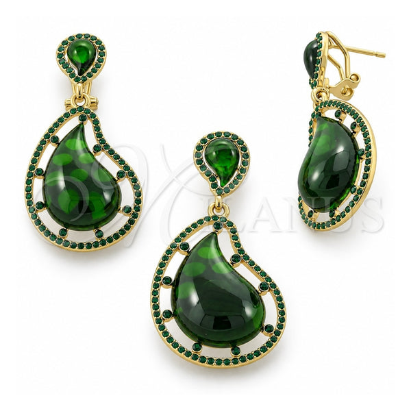 Juego de Arete y Dije de Adulto 10.91.0216.1 Oro Laminado, Diseño de Gota, con Opal Verde y Cristal Verde, Pulido, Tono Dorado