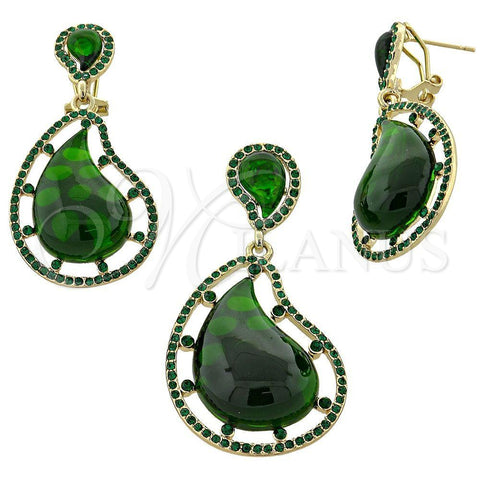 Juego de Arete y Dije de Adulto 10.91.0216.1 Oro Laminado, Diseño de Gota, con Verde Opal and Verde Cristal, Pulido, Tono Dorado