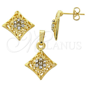 Juego de Arete y Dije de Adulto 10.164.0014 Oro Laminado, Diseño de Flor, con Blanca Cristal, Pulido, Tono Dorado