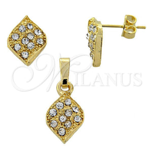 Juego de Arete y Dije de Adulto 10.164.0028 Oro Laminado, Diseño de Oja, con Blanca Cristal, Pulido, Tono Dorado