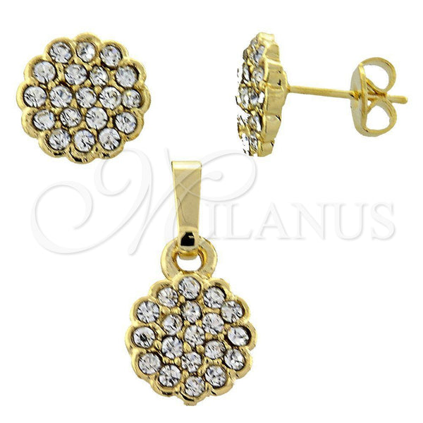 Juego de Arete y Dije de Adulto 10.164.0022 Oro Laminado, Diseño de Flor, con Blanca Cristal, Pulido, Tono Dorado