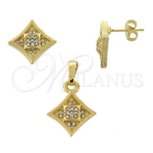 Juego de Arete y Dije de Adulto 10.164.0015 Oro Laminado, Diseño de Flor, con Blanca Cristal, Pulido, Tono Dorado