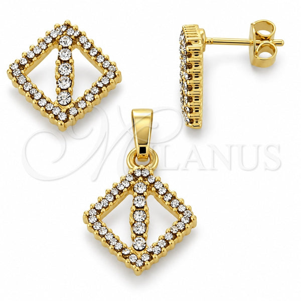 Juego de Arete y Dije de Adulto 10.164.0011 Oro Laminado, con Blanca Cristal, Pulido, Tono Dorado