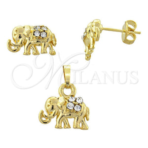 Juego de Arete y Dije de Adulto 10.164.0006 Oro Laminado, Diseño de Elefante, con Blanca Cristal, Pulido, Tono Dorado