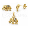 Juego de Arete y Dije de Adulto 10.164.0006 Oro Laminado, Diseño de Elefante, con Blanca Cristal, Pulido, Tono Dorado