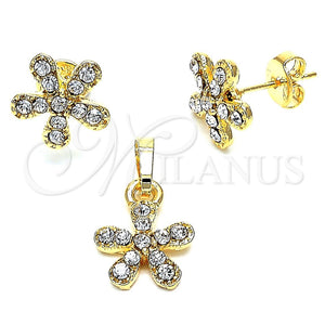 Juego de Arete y Dije de Adulto 10.164.0025 Oro Laminado, Diseño de Flor, con Blanca Cristal, Pulido, Tono Dorado