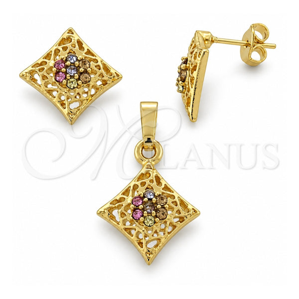 Juego de Arete y Dije de Adulto 10.164.0014.1 Oro Laminado, Diseño de Flor, con Multicolor Cristal, Pulido, Tono Dorado