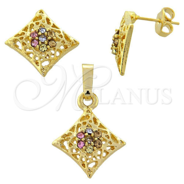 Juego de Arete y Dije de Adulto 10.164.0014.1 Oro Laminado, Diseño de Flor, con Multicolor Cristal, Pulido, Tono Dorado