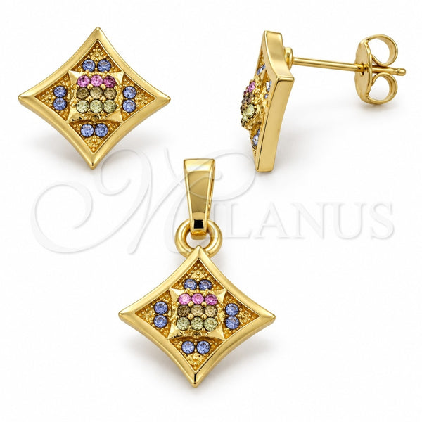 Juego de Arete y Dije de Adulto 10.164.0015.1 Oro Laminado, Diseño de Flor, con Multicolor Cristal, Pulido, Tono Dorado