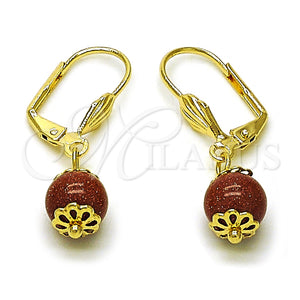Arete Colgante 5.123.010 Oro Laminado, Diseño de Bola, con Onix Negro Goldstone Venturina, Pulido, Tono Dorado