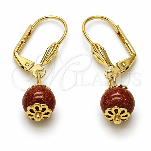 Arete Colgante 5.123.010 Oro Laminado, Diseño de Bola, con Onix Negro Goldstone Venturina, Pulido, Tono Dorado