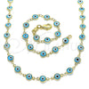 Collar y Pulsera 06.63.0008 Oro Laminado, Diseño de Ojo Griego, Resinado Azul claro, Tono Dorado