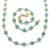 Collar y Pulsera 06.63.0008 Oro Laminado, Diseño de Ojo Griego, Resinado Azul claro, Tono Dorado