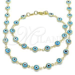 Collar y Pulsera 06.63.0008 Oro Laminado, Diseño de Ojo Griego, Resinado Azul claro, Tono Dorado