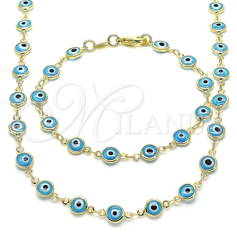 Collar y Pulsera 06.63.0008 Oro Laminado, Diseño de Ojo Griego, Resinado Azul claro, Tono Dorado