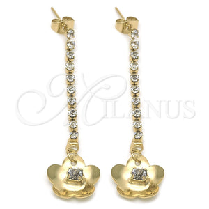 Arete Largo 88.02 Oro Laminado, Diseño de Flor, con Blanca Zirconia Cubica, Pulido, Tono Dorado