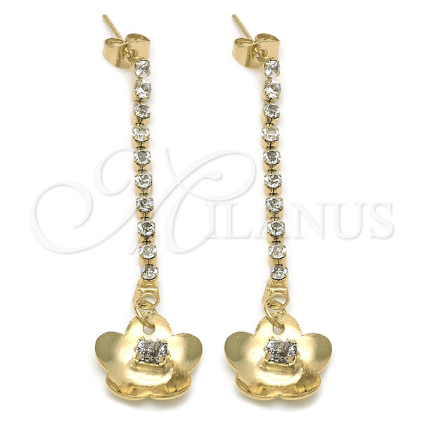Arete Largo 88.02 Oro Laminado, Diseño de Flor, con Blanca Zirconia Cubica, Pulido, Tono Dorado