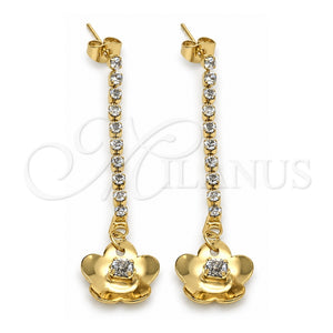 Arete Largo 88.02 Oro Laminado, Diseño de Flor, con Blanca Zirconia Cubica, Pulido, Tono Dorado