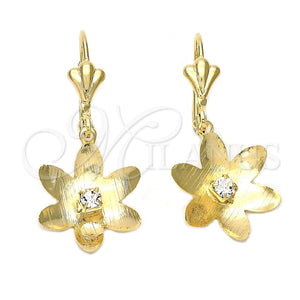 Arete Colgante 88.014 Oro Laminado, Diseño de Flor, con Blanca Zirconia Cubica, Mate, Tono Dorado