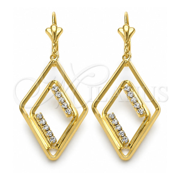 Arete Largo 86.005 Oro Laminado, con Blanca Zirconia Cubica, Pulido, Tono Dorado