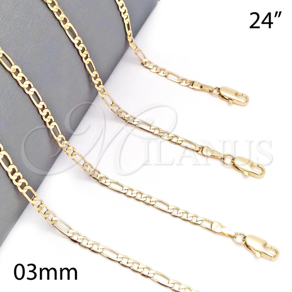 Gargantilla Basica 5.222.017.24 Oro Laminado, Diseño de Figaro, Pulido, Tono Dorado (0.80 Gauge, 03 MM Thickness, 24 Inches Length)