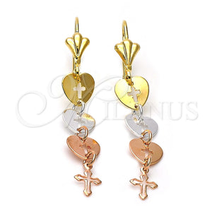 Arete Largo 5.212.025 Oro Laminado, Diseño de Cruz y Corazón, Pulido, Tres Tonos