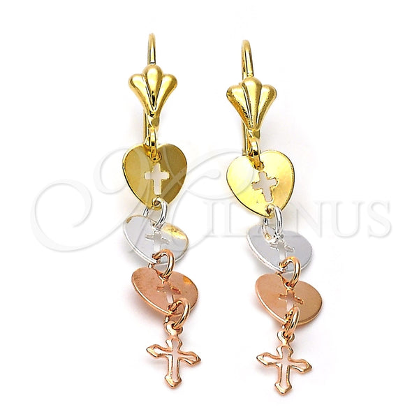 Arete Largo 5.212.025 Oro Laminado, Diseño de Cruz y Corazón, Pulido, Tres Tonos
