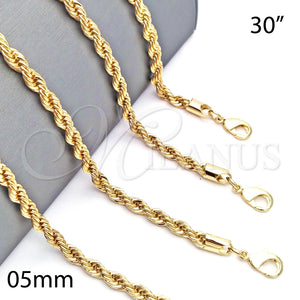 Gargantilla Basica 5.222.033.30 Oro Laminado, Diseño de Rope, Pulido, Tono Dorado (05 MM Thickness, 30 Inches Length)