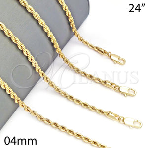 Gargantilla Basica 5.222.034.24 Oro Laminado, Diseño de Rope, Pulido, Tono Dorado (04 MM Thickness, 24 Inches Length)