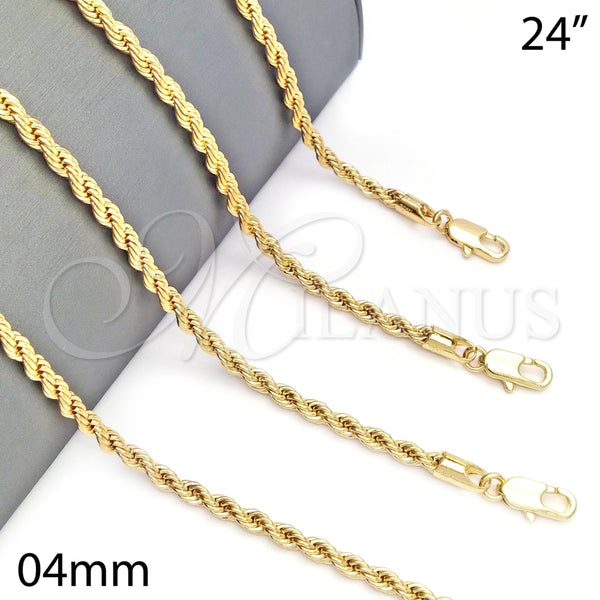 Gargantilla Basica 5.222.034.24 Oro Laminado, Diseño de Rope, Pulido, Tono Dorado (04 MM Thickness, 24 Inches Length)