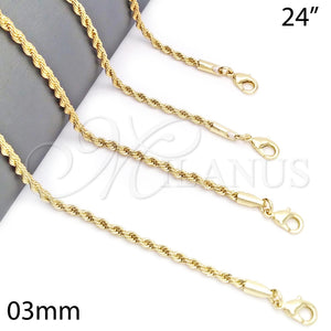 Gargantilla Basica 5.222.035.24 Oro Laminado, Diseño de Rope y Torcido, Pulido, Tono Dorado (03 MM Thickness, 24 Inches Length)