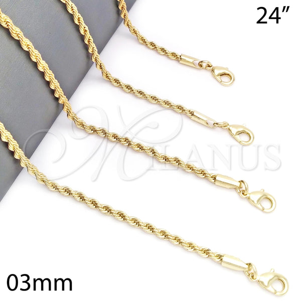 Gargantilla Basica 5.222.035.24 Oro Laminado, Diseño de Rope y Torcido, Pulido, Tono Dorado (03 MM Thickness, 24 Inches Length)