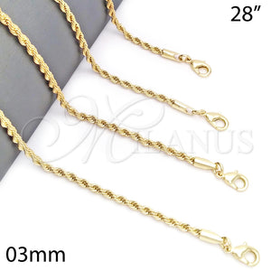 Gargantilla Basica 5.222.035.28 Oro Laminado, Diseño de Rope, Pulido, Tono Dorado (03 MM Thickness, 28 Inches Length)