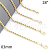 Gargantilla Basica 5.222.035.28 Oro Laminado, Diseño de Rope, Pulido, Tono Dorado (03 MM Thickness, 28 Inches Length)