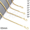 Gargantilla Basica 5.222.035.28 Oro Laminado, Diseño de Rope, Pulido, Tono Dorado (03 MM Thickness, 28 Inches Length)